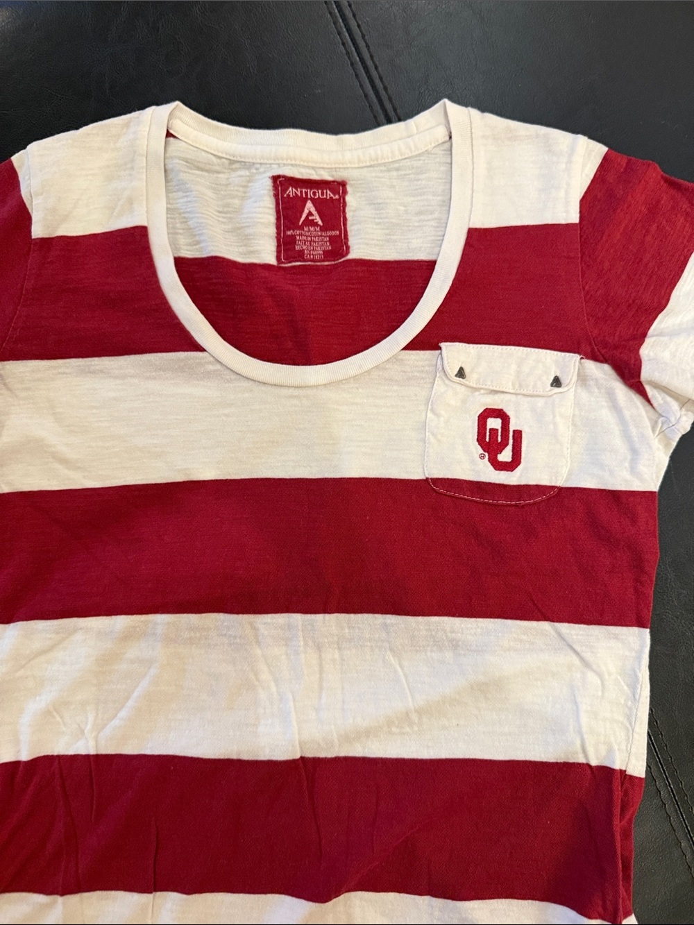 Antigua Red & White Striped OU Pocket Tee